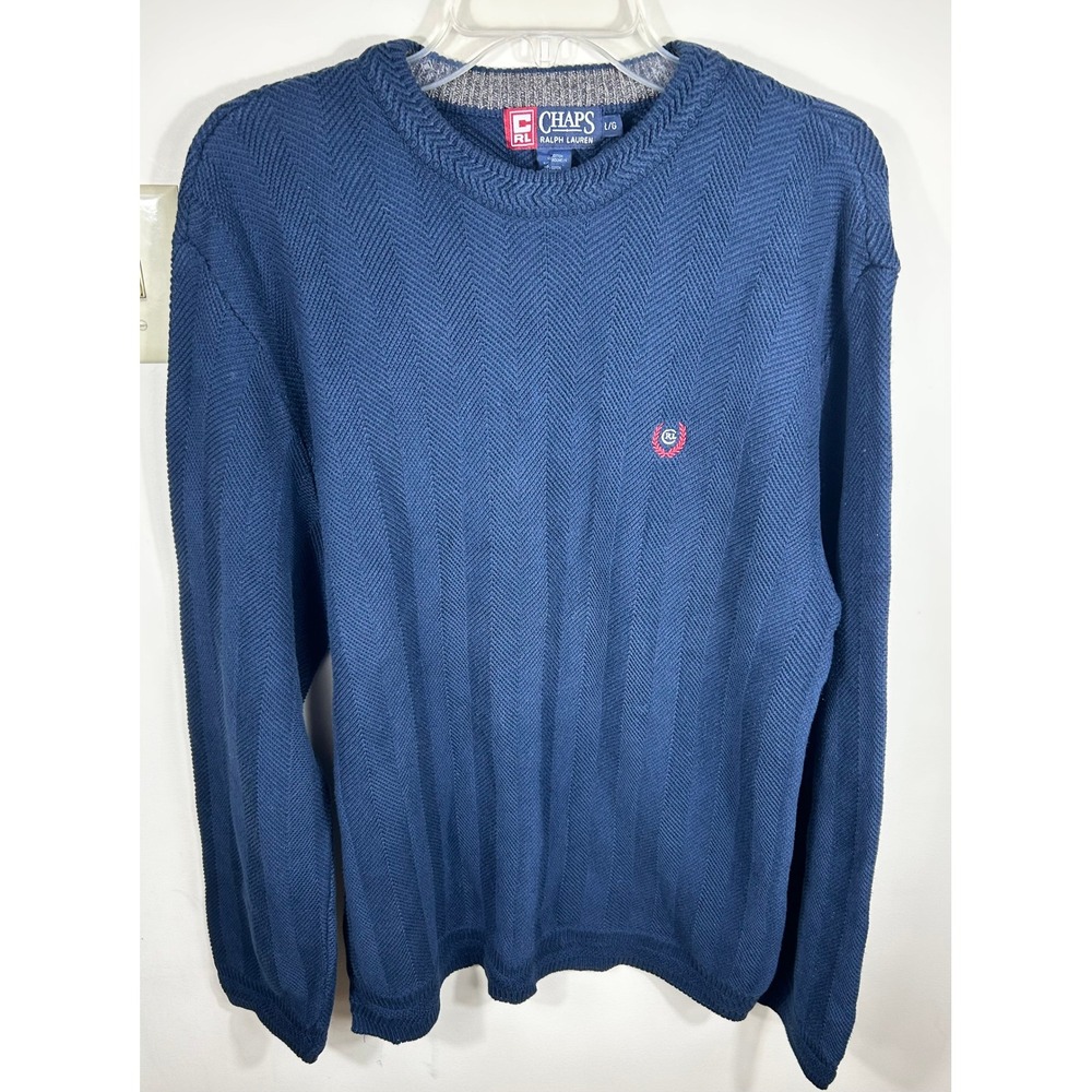 Chaps Ralph‎ Lauren Herringbone Knit Sweater Men's L Navy Cotton Grandpa LOGO